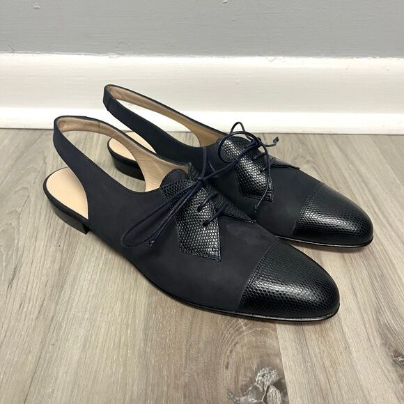Salvatore Ferragamo Flats Women’s 9 AA (Narrow) Navy Blue Sling Back Oxford New - Picture 1 of 6